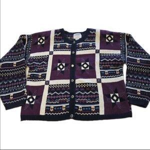 VTG Christopher & Banks Cardigan Sweater Sz Large Embroidered Purple Grannycore